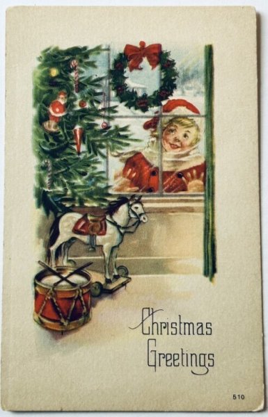 画像1: Postcard　アンティークポストカード　クリスマス　サンタ服の子ども　木馬　（未使用） (1)