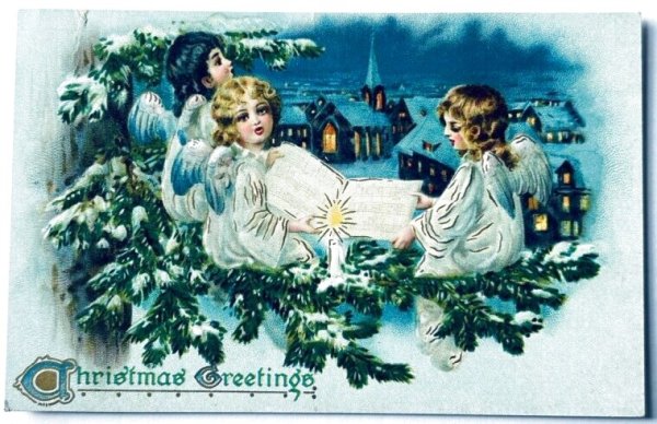 画像1: Postcard　アンティークポストカード　クリスマス　木の上で歌う天使たち (1)