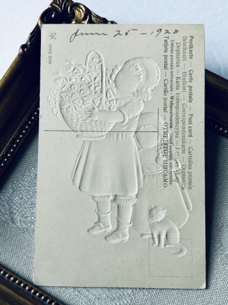画像4: Postcard アンティークポストカード 四つ葉クローバーのバスケットと女の子と子猫  Marie Flatscher  (4)