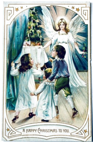 画像1: Postcard　アンティークポストカード　クリスマス　天使と子どもたち　ツリー (1)