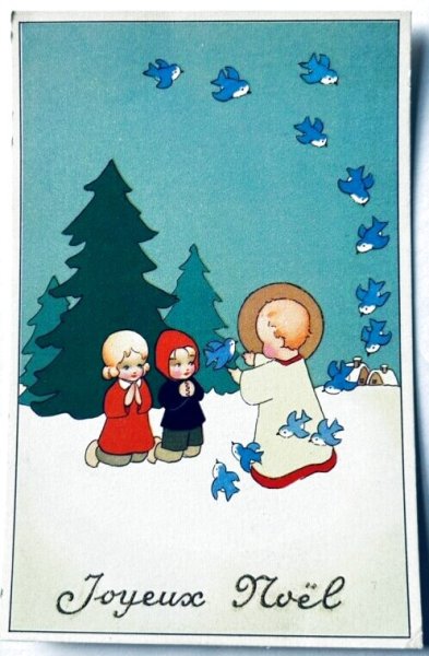 画像1: Postcard　アンティークポストカード　クリスマス　祈る子どもたち　青い鳥 (1)