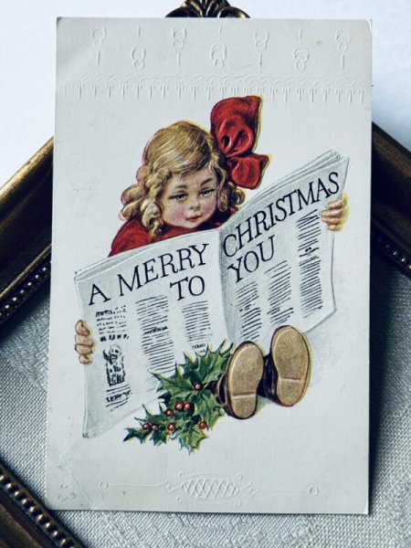 画像2: Postcard アンティークポストカード クリスマス 新聞を読む女の子 (2)