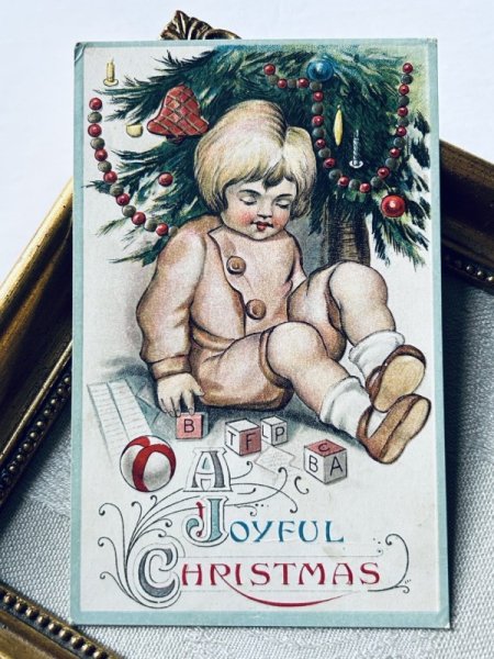 画像2: Postcard アンティークポストカード クリスマス ツリーと女の子 積み木 アメリカ (2)