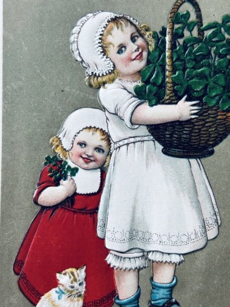画像3: Postcard アンティークポストカード 四つ葉クローバーのバスケットと女の子と子猫  Marie Flatscher  (3)