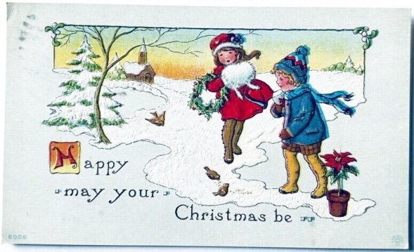 画像1: Postcard　アンティークポストカード　クリスマス　小鳥と子どもたち　 (1)