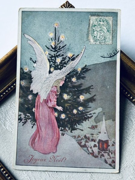 画像2: Postcard アンティークポストカード クリスマス 天使とツリー 教会 フランス (2)