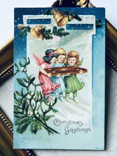 画像2: Postcard アンティークポストカード クリスマス 大きなケーキ(クッキー?)を運ぶ天使たち ヤドリギ (2)