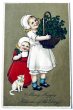 画像1: Postcard　アンティークポストカード　四つ葉クローバーのバスケットと女の子と子猫  Marie Flatscher  (1)