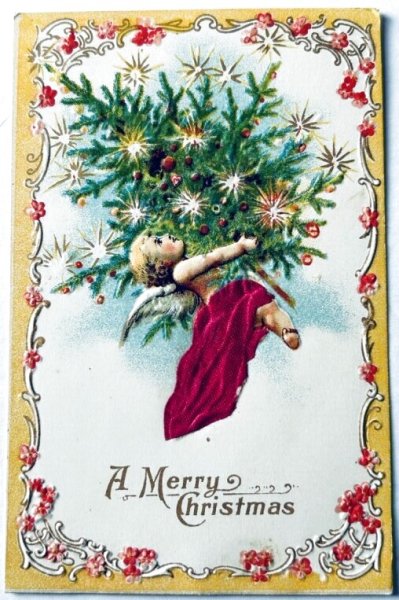画像1: Postcard　アンティークポストカード　クリスマス　ツリーを運ぶ天使　シルク貼り (1)