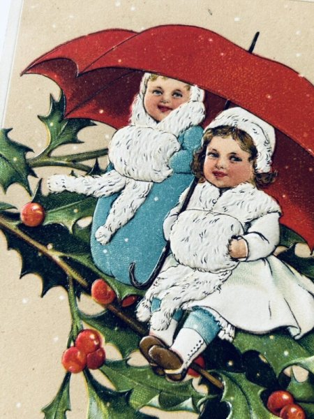 画像3: Postcard アンティークポストカード クリスマス ホーリー 傘とマフの女の子たち 妖精  Marie Flatscher  (3)