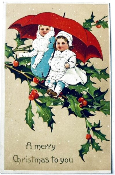 画像1: Postcard　アンティークポストカード　クリスマス　ホーリー　傘とマフの女の子たち　妖精  Marie Flatscher  (1)
