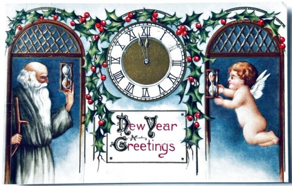 画像1: Postcard　アンティークポストカード　新年祝い　砂時計と天使　アメリカ1912年 (1)