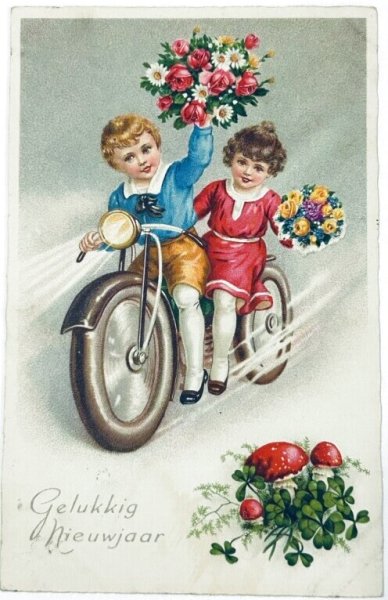 画像1: Postcard　アンティークポストカード　バイクに乗る子どもたち　キノコ　四つ葉　新年祝い　New Year　 (1)