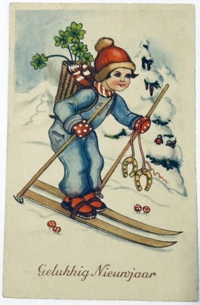画像1: Postcard　アンティークポストカード　キノコとクローバーと馬蹄　スキー　新年祝い　New Year　オランダ1940年 (1)