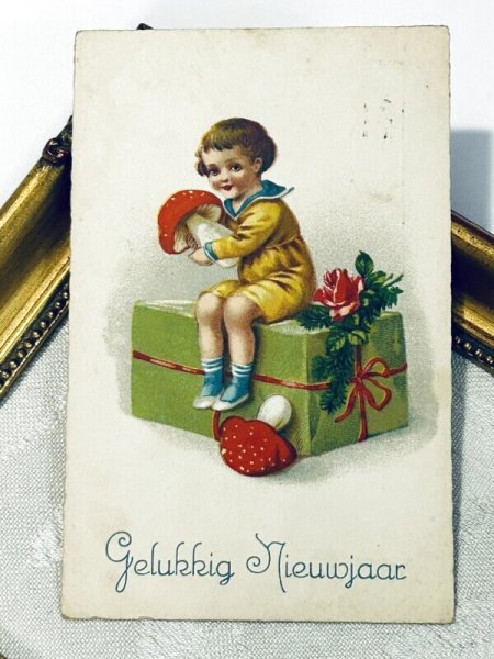 画像2: Postcard アンティークポストカード キノコと男の子 新年祝い New Year  (2)