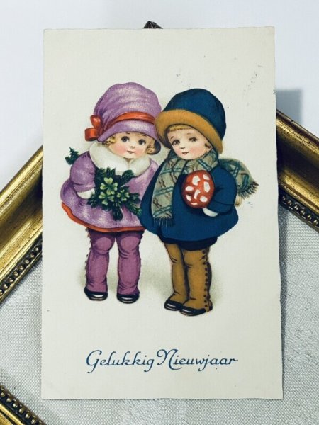 画像2: Postcard　アンティークポストカード　キノコとクローバーと子どもたち　新年祝い　New Year　 (2)