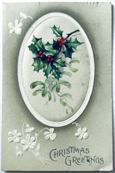 画像1: Postcard　アンティークポストカード　クリスマス　ホーリーとヤドリギ  シルク布貼り　アメリカ1911年 (1)