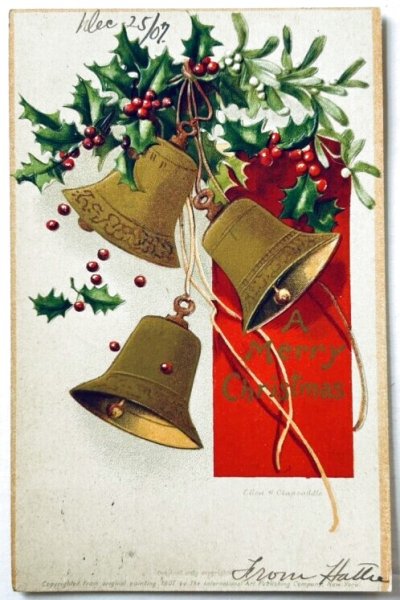 画像1: Postcard　アンティークポストカード　クリスマス　ホーリーとヤドリギと金色のベル　Ellen Clapsaddle  (1)