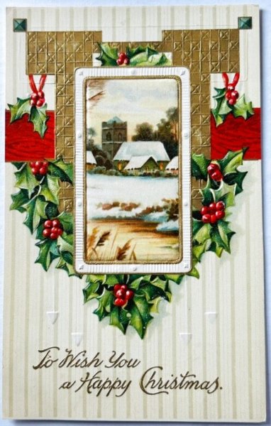 画像1: Postcard　アンティークポストカード　クリスマス　ホーリーと雪景色の教会　アメリカ1909年 (1)