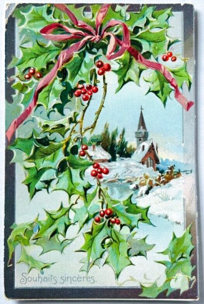 画像1: Postcard　アンティークポストカード　クリスマス　ホーリーと雪景色の教会　アメリカ1908年 (1)