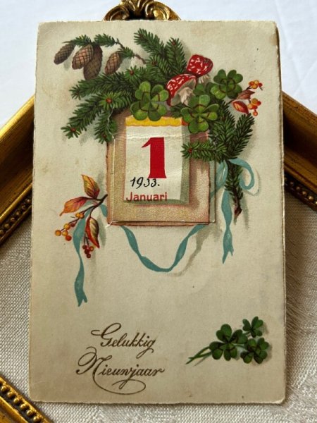 画像2: Postcard アンティークポストカード キノコ 四つ葉 新年祝い New Year 仕掛け (2)