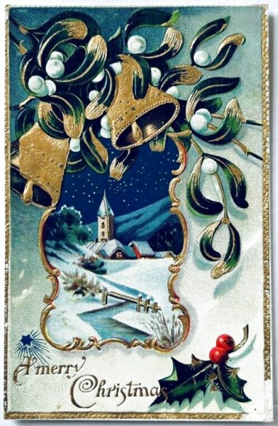 画像1: Postcard　アンティークポストカード　クリスマス　ベル　ホーリー　雪景色　アメリカ1909年 (1)