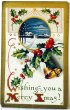 画像1: Postcard　アンティークポストカード　クリスマス　ホーリーと雪景色　ベル　アメリカ1910年 (1)