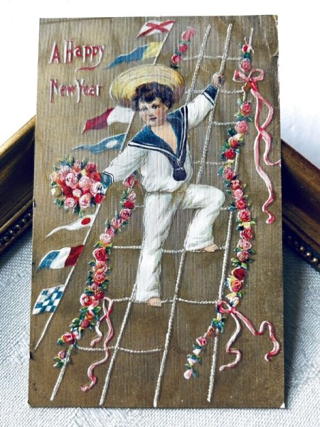 画像2: Postcard アンティークポストカード 新年祝い New Year 水兵さん セーラー服の男の子 国旗 アメリカ1908年 (2)
