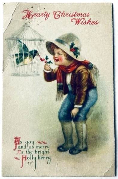 画像1: ▼SALE▼　Postcard　アンティークポストカード　クリスマス　小鳥と男の子　Ellen Clapsaddle (1)