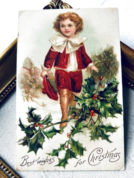 画像2: Postcard　アンティークポストカード　クリスマス　男の子　ホーリー　Ellen Clapsaddle (2)