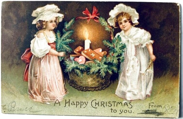 画像1: Postcard　アンティークポストカード　クリスマス　大きなバスケットと女の子　Ellen Clapsaddle ? (1)