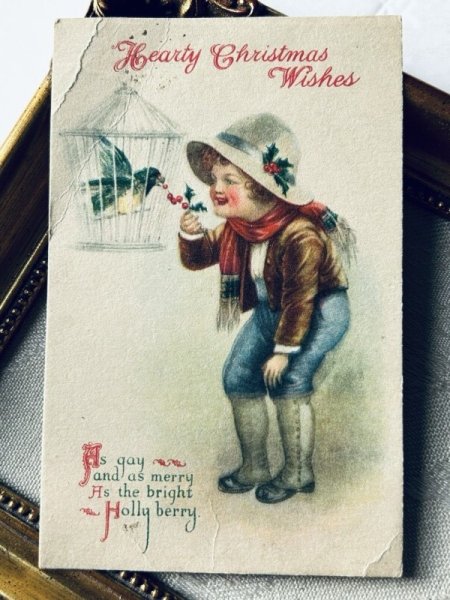 画像2: ▼SALE▼　Postcard　アンティークポストカード　クリスマス　小鳥と男の子　Ellen Clapsaddle (2)