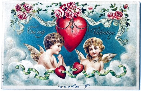 画像1: Postcard　アンティークポストカード　バレンタイン　天使　キューピッド　薔薇のお花 (1)