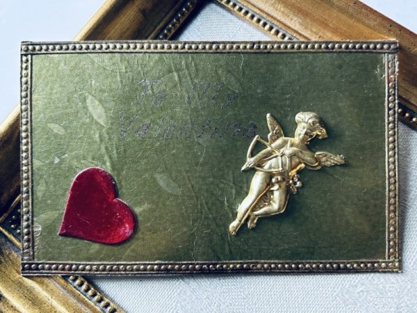 画像2: Postcard アンティークポストカード バレンタイン キューピッド天使 メタル (未使用) (2)
