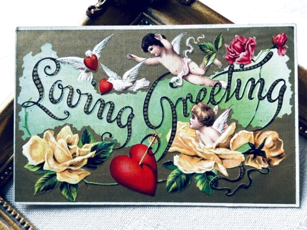 画像2: Postcard アンティークポストカード バレンタイン 天使と白鳩と薔薇のお花  (2)