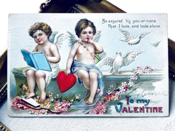 画像2: Postcard  アンティークポストカード バレンタイン キューピッド天使と白鳩 Ellen Clapsaddle アメリカ1912年 (2)