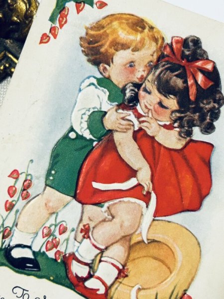 画像3: Postcard アンティークポストカード バレンタイン 小さな恋人たち バッグハグ(未使用) (3)