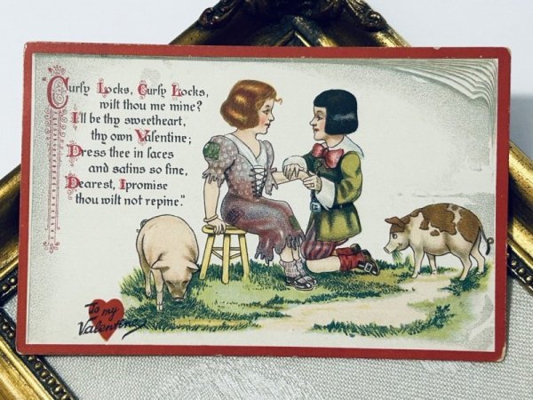 画像2: Postcard アンティークポストカード バレンタイン イギリス童謡 マザーグース 子豚 Curly Locks / Tuck’s "Little Nursery Lovers" Series (未使用) (2)