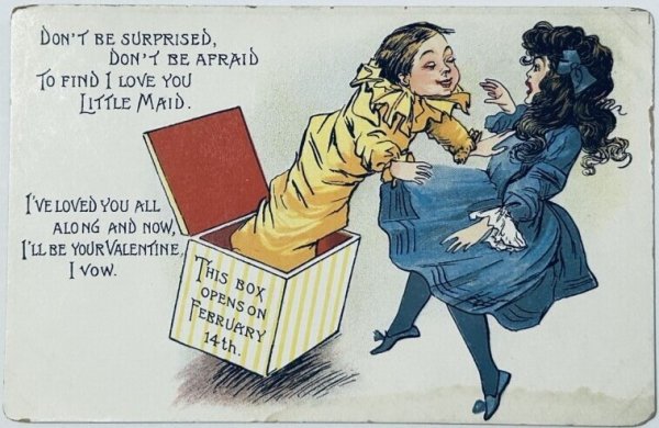 画像1: Postcard　アンティークポストカード　バレンタイン　恐怖！ビックリ箱に扮した男の子　（未使用） (1)