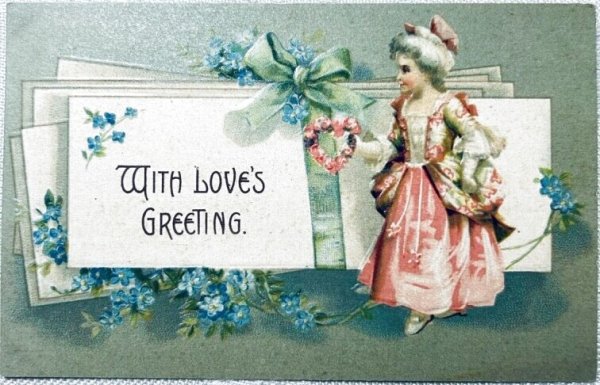画像1: Postcard　アンティークポストカード　バレンタイン　ドレスの女の子　中世　Ellen Clapsaddle　アメリカ1908年 (1)