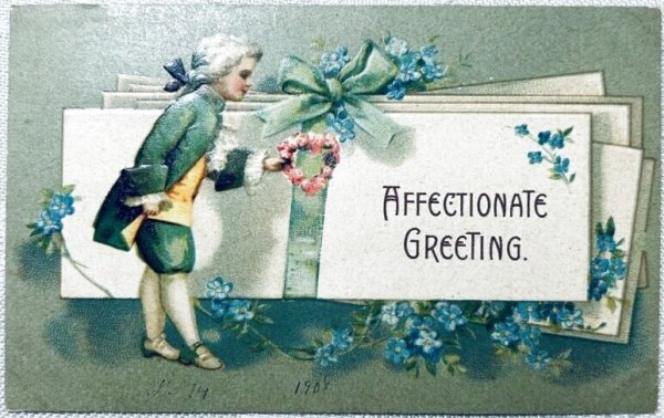 画像1: Postcard　アンティークポストカード　バレンタイン　ハートリースを持つ男の子　中世　Ellen Clapsaddle　アメリカ1908年 (1)