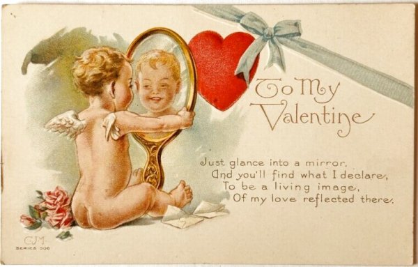画像1: Postcard  アンティークポストカード　バレンタイン　鏡を見つめるキューピッド天使　 (1)