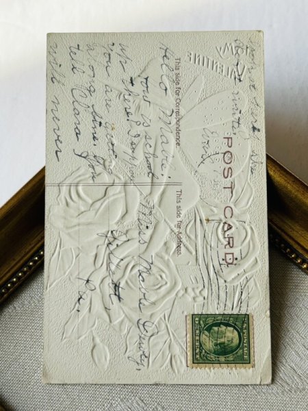 画像4: Postcard　アンティークポストカード　バレンタイン　薔薇のお花の上で釣りをする妖精　蝶々　アメリカ1910年 (4)