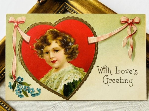 画像2: Postcard　アンティークポストカード　バレンタイン　忘れな草のお花とハートの中の男の子　Ellen Clapsaddle　 (2)