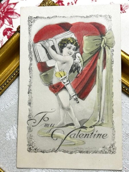 画像2: Postcard アンティークポストカード バレンタイン 大きなハートと手紙を運ぶ天使 キューピッド アメリカ (2)