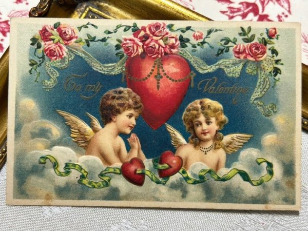 画像2: Postcard アンティークポストカード バレンタイン 2人の天使 薔薇のお花 ハート (2)