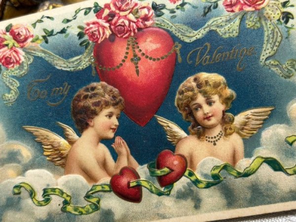画像3: Postcard アンティークポストカード バレンタイン 2人の天使 薔薇のお花 ハート (3)