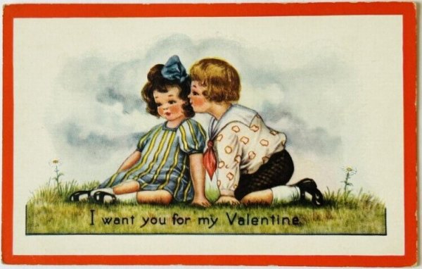 画像1: Postcard　アンティークポストカード　バレンタイン　女の子のキスをする男の子 (1)