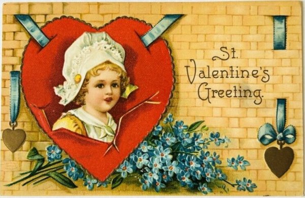 画像1: Postcard　アンティークポストカード　バレンタイン　忘れな草のお花とハートの中の女の子　Ellen Clapsaddle　 (1)