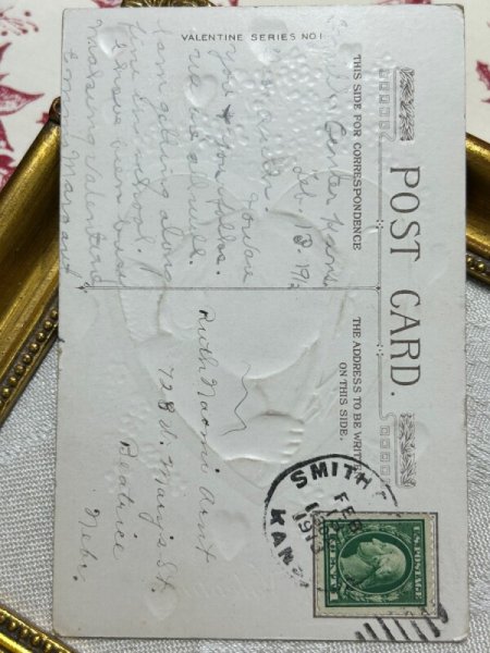 画像4: Postcard アンティークポストカード バレンタイン 忘れな草のお花 矢を持つキューピッド天使 ハート アメリカ1913年 (4)